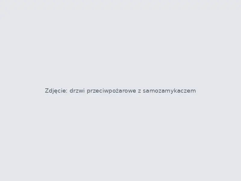 Drzwi przeciwpożarowe z samozamykaczem i tabliczką znamionową